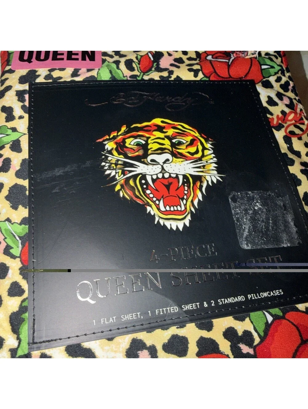 Ed Hardy Leopard Print with Red Roses & Logos 4pm QUEEN Sheet Set NWT